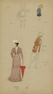 帽子と子供を持つ女性の研究（紙に鉛筆とトイレ） 作： Joseph Edward Southall